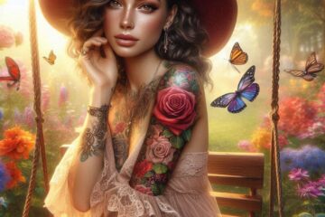 jules tattoos a woman sitting on a swing with butterflies and rose tattoos